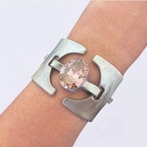 Unique Futuristic / Industrial Metal Bracelet with Large Pink Gemstone Center